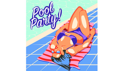 beautiful woman lying on the beach towel near swimming pool top view of pretty girl, summer holiday and summer camp poster traveling template poster badge vector illustration party