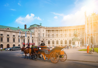 Fototapeta premium Wiedeński Hofburg, Heldenplatz z bryczką na pierwszym planie