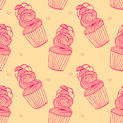 Seamless pattern with cupcakes in hand drawn retro style. Vector.