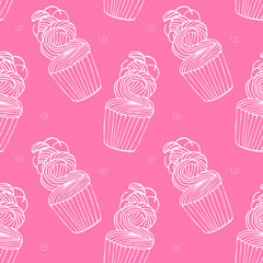 Seamless pattern with cupcakes in hand drawn retro style. Vector.