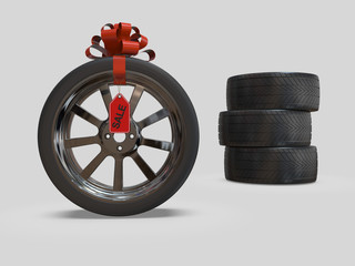 Set of car wheels at discount. 3D illustration