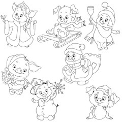 A set of cute characters for the new year. Christmas characters. Piggy cartoon for coloring the book. Vector elements for design.