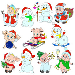 A set of cute characters for the new year. Christmas characters. Piglets and snowmen for greeting cards. Vector elements for design.