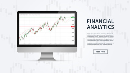 Financial analytics chart vector banner. Financial statistic data for stock trade on desktop computer graphic design. Stock market index (financial analytics) concept.
