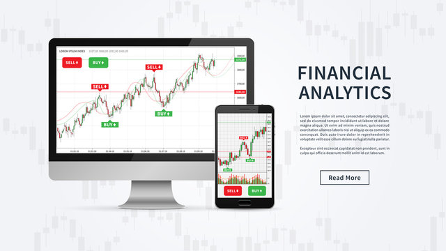 Financial analytics graph on desktop and smartphone vector banner. Financial statistic data for stock trade on desktop computer and smartphone graphic design.