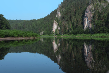 River and forest in mountains, Chusovaya river, Russia