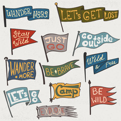 Fototapeta premium Set of adventure, outdoors, camping colorful pennants. Retro monochrome labels on textured background. Hand drawn wanderlust style. Pennant travel flags design