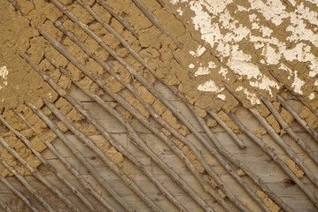 Wall Of Natural Wood And Clay, Background Texture