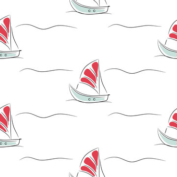 Seamless pattern with boats on white simple background.