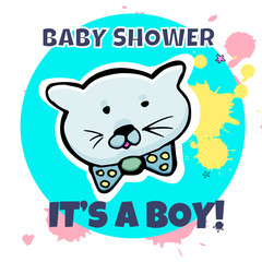 Vector baby shower greeting card. Inscription It's a boy. Little cute kitten. Abstract background.