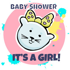 Vector baby shower greeting card. Inscription It's a girl. Little cute kitten, abstract blob splash background.