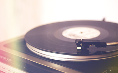 Vintage vinyl record player closeup, turntable