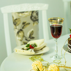 glass of red wine and a cake. Top view. food background copy space