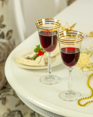 glass of red wine and a cake. Top view. food background copy space