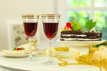 glass of red wine and a cake. Top view. food background copy space