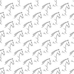 Seamless pattern with horses, black and white realistic vector illustration.