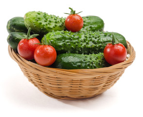 A small basket with small wet fresh cucumbers and tomatoes.