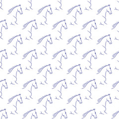 Seamless pattern with blue horses, white background. Realistic vector illustration.