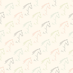 Seamless pattern with horses, pale pastel colors, beige background. Realistic vector illustration.