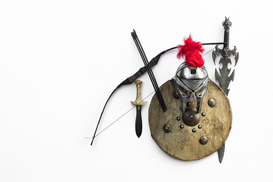 ancient medieval military weapon on a white background,shield and sword