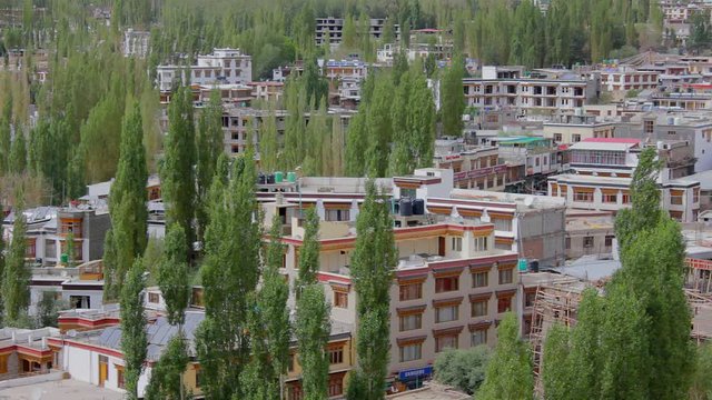 Leh, Ladakh,Jammu and Kashmir/ India - 13.08.2018: City in the afternoon among trees