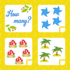 Counting game for preschool children for the development of mathematical abilities. Count the number of objects in the picture. With a place for answers. Simple flat isolated vector illustration.