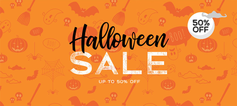 Halloween Sale vector banner with lettering and detailed engraving background. Pumpkin, witch hat, skull, cat hand drawn elements. Great for voucher, offer, coupon, holiday sale.