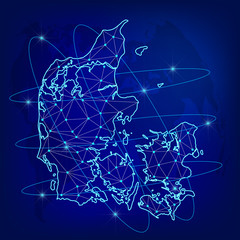 Global logistics network concept. Communications network map Denmark on the world background. Map of  Denmark  with nodes in polygonal style. Vector illustration EPS10. 
