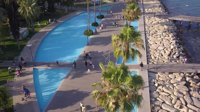 Aerial View of Molos Promenade on the Coast of Limassol City in Cyprus, Sunset Time
