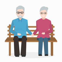 Elderly man and woman sitting on bench icon.  illustration