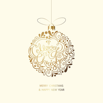 Merry Christmas and Happy New Year greeting card with Christmas ball.