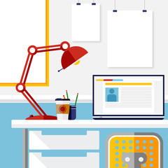 Interior of a home work place for an artist, freelancer and other professions. On a white table with drawers is a closed laptop, coffe, a red lamp and a glass with pencils. Flat illustration.