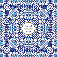 Oriental seamless traditional pattern in indigo color. Seamless patchwork pattern tiles from Morocco, Portugal in blue colors. Decorative ornament can be used for wallpaper, backdrop, fabric, textile.