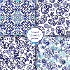 Collection of traditional oriental ornaments with paisley. Indigo traditional paisley pattern. Decorative ornament backdrop for fabric, textile, wrapping paper.
