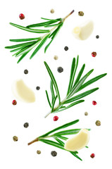 Flying rosemary with garlic and pepper isolated