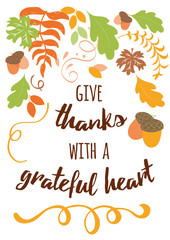 Give thanks with a gratefull heart Autumn print hand drawn autumn cad for thanksgiving day banner, logo, sign, label card