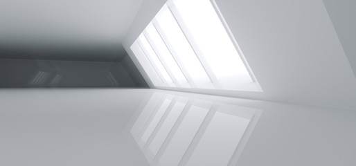 Futuristic Modern Big Bright Empty Hall With Reflections And Big Glowing White Light Windows Aside Wallpaper 3D Rendering