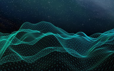 Abstract landscape on a dark background. Cyberspace grid. Hi-tech network. Outer space. Starry outer space texture. 3D illustration