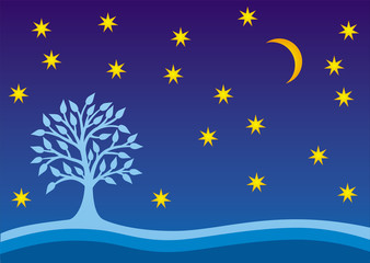 Tree of life against the background of the starry sky and the moon. Symbol vector graphics.