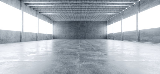 Modern Huge Concrete Material Empty Hall With Many Columns And Big White Glowing Windows Wallpaper Space For Text 3D Rendering - obrazy, fototapety, plakaty