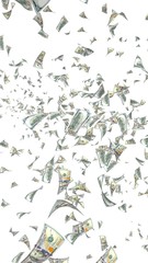 Flying dollars banknotes isolated on a white background. Money is flying in the air. 100 US banknotes new sample. 3D illustration