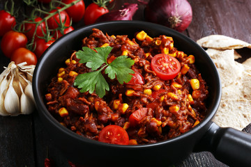 Hot chili con carne. mexican food tasty and spicy.