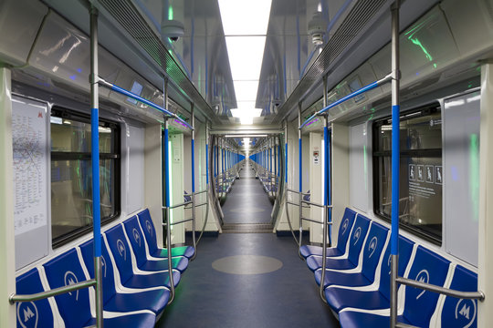 Moscow metro car, modern subway train metro car from inside with comfortable seats for passengers
