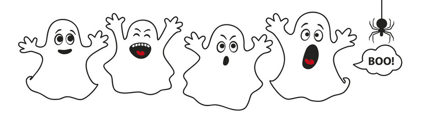 Set of cute ghosts, apparition, spook, horror. Poster for happy Halloween. Isolated cartoon illustration for print or sticker. Scary fairy. Card for friends or family. Ghost shadow funny. Vector. 