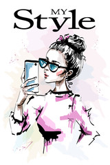 Hand drawn beautiful young with phone in her hand. Stylish elegant girl in sunglasses. Fashion woman making selfie. Sketch.