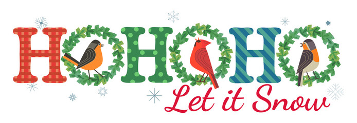 Christmas Holiday decoration. Cute winter bullfinch, robin, red cardinal bird in xmas wreath. Fancy letters text Ho-Ho-Ho colorful cartoon. Template for New year season event banner, greeting flyer