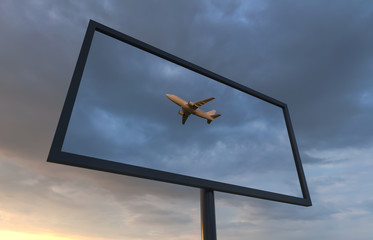 flying plane in the reflection of a billboard