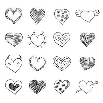 Set of sketch hand drawn hearts.