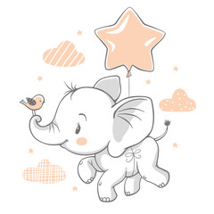 Vector illustration of a cute baby elephant flying with a balloon.