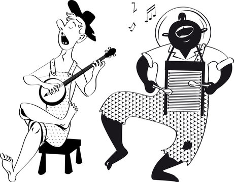 American root musicians playing a banjo and a washboard, EPS 8 vector line illustration